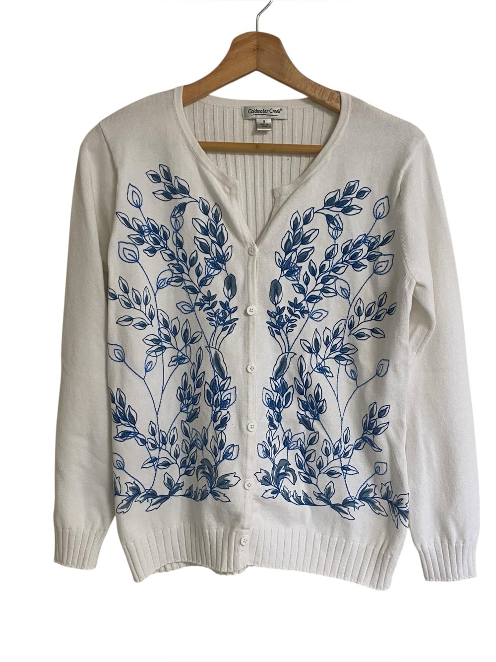 Coldwater Creek Vtg white Spring embroidered floral button up cardigan sweater S